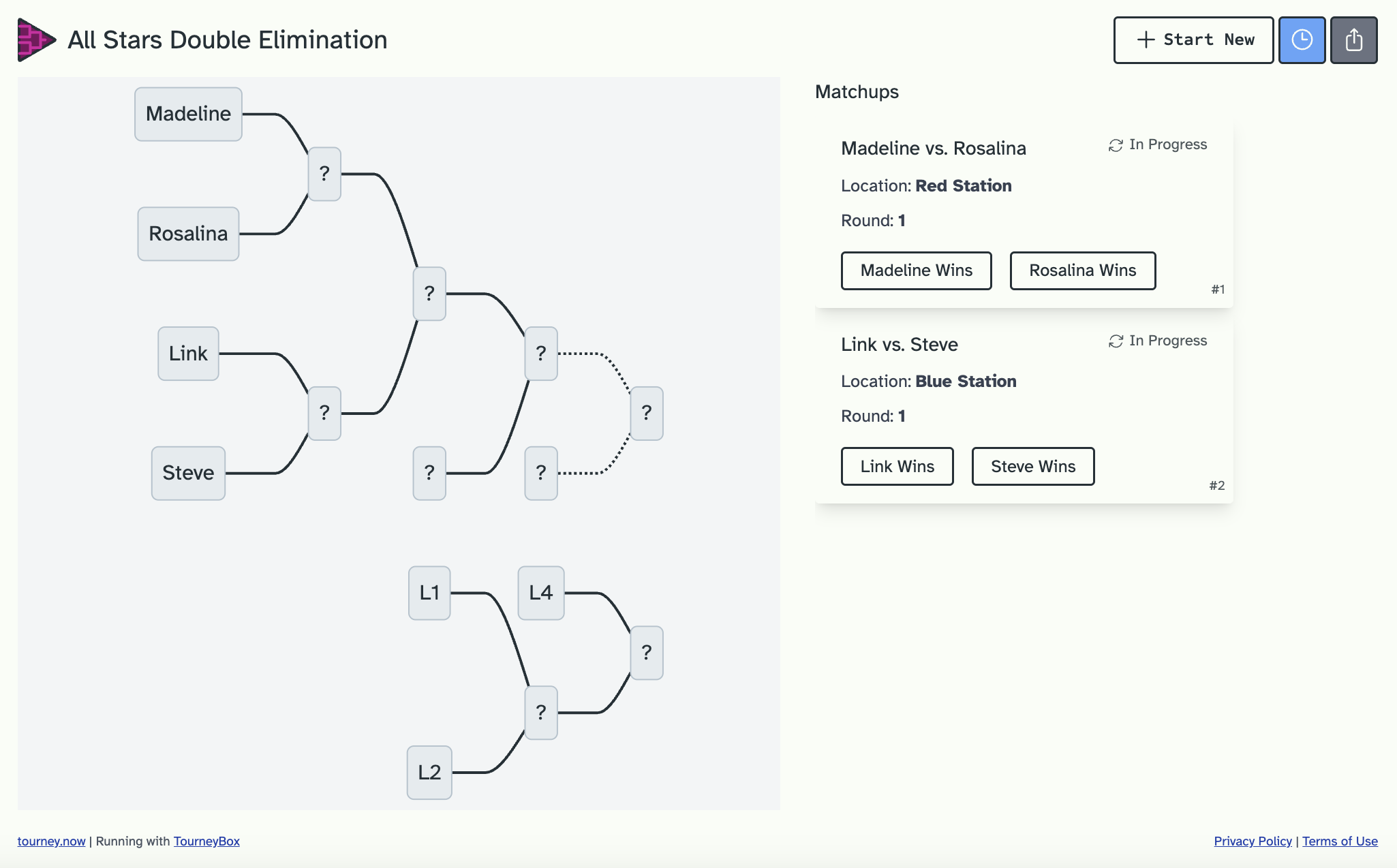 A screenshot of running a double elimination tournament on tourney.now with TourneyBox A screenshot of a double elimination tournament running on tourney.now with TourneyBox. The winners' and losers' brackets are shown with competitors Madeline, Rosalina, Link, and Steve. Cards displaying the matchups in the tournament are shown, with each card displaying the competitors, location and round number, along with controls for moving up the competitors in the tournament.
